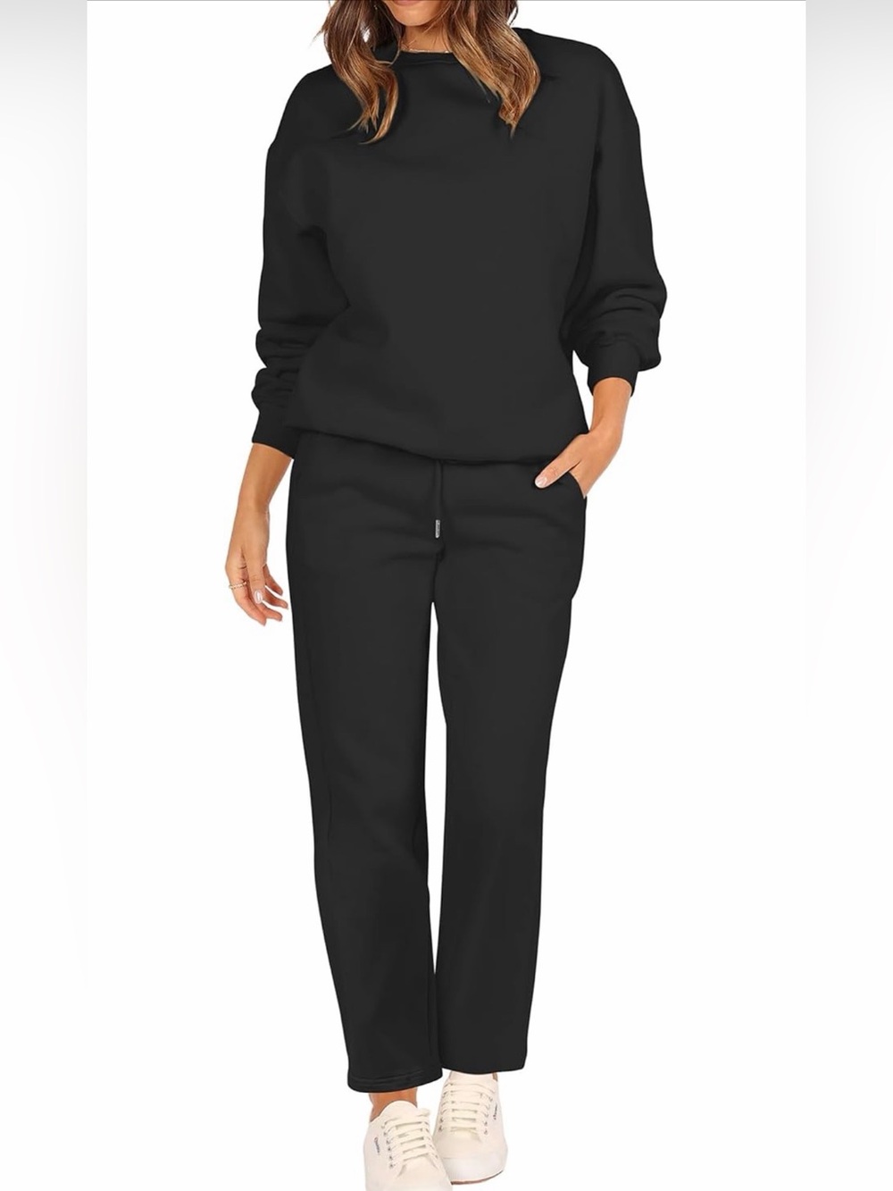 Black Two-Piece Lounge Set - Crewneck Top & Wide Leg Pants